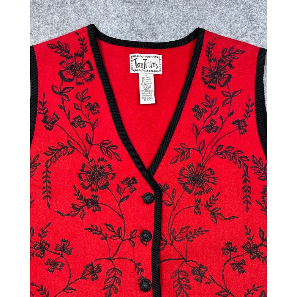 TanTrums Red Wool Blend Floral Embroidered Button Front Vest Womens Small